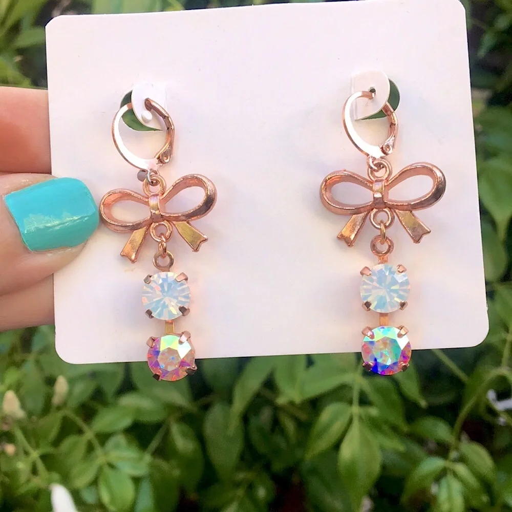 White Opal + Aurora Borealis Crystal Rose Gold Bow Earrings